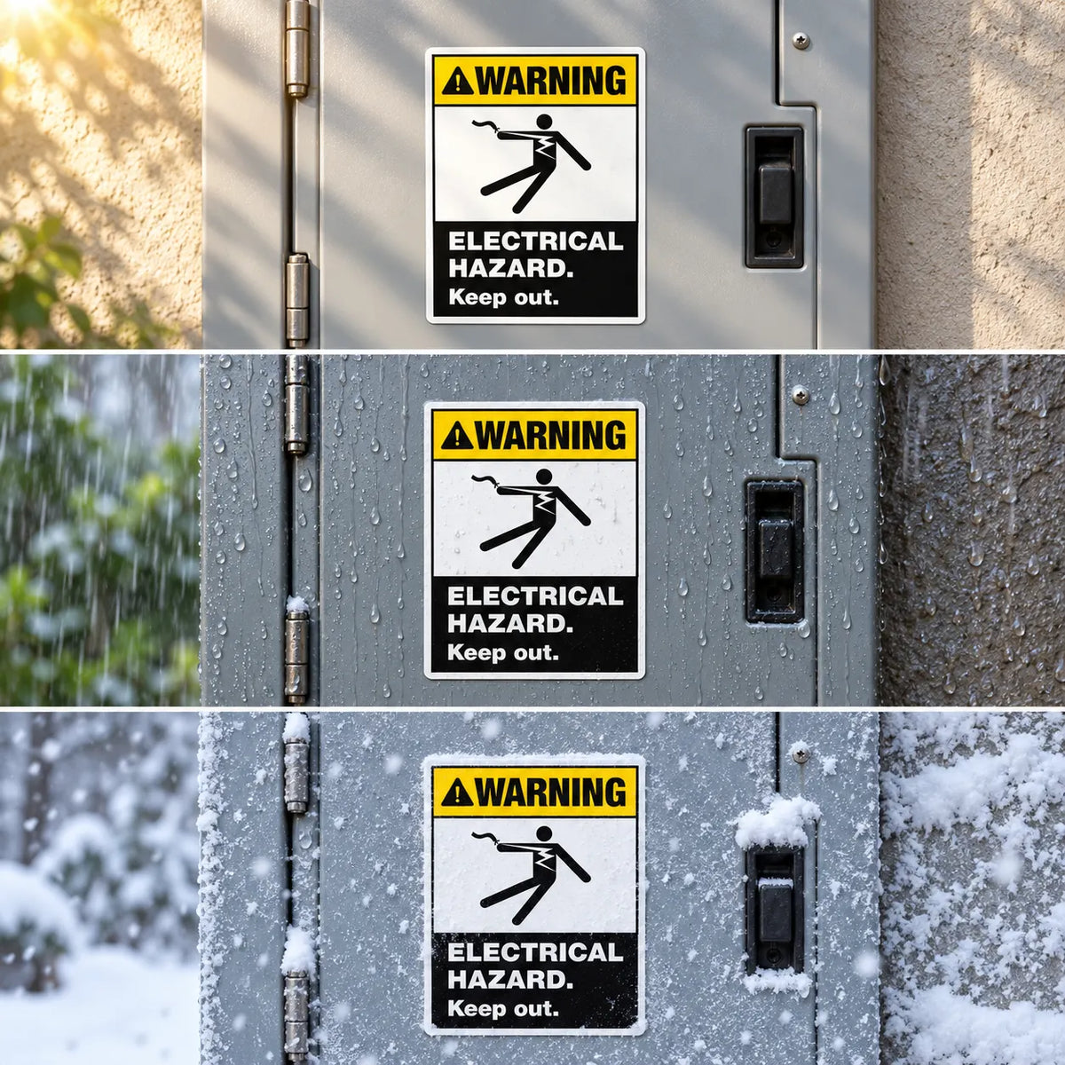 Three stacked close-up panels show a gray metal electrical cabinet door with a warning label that reads 'WARNING ELECTRICAL HAZARD. Keep out.