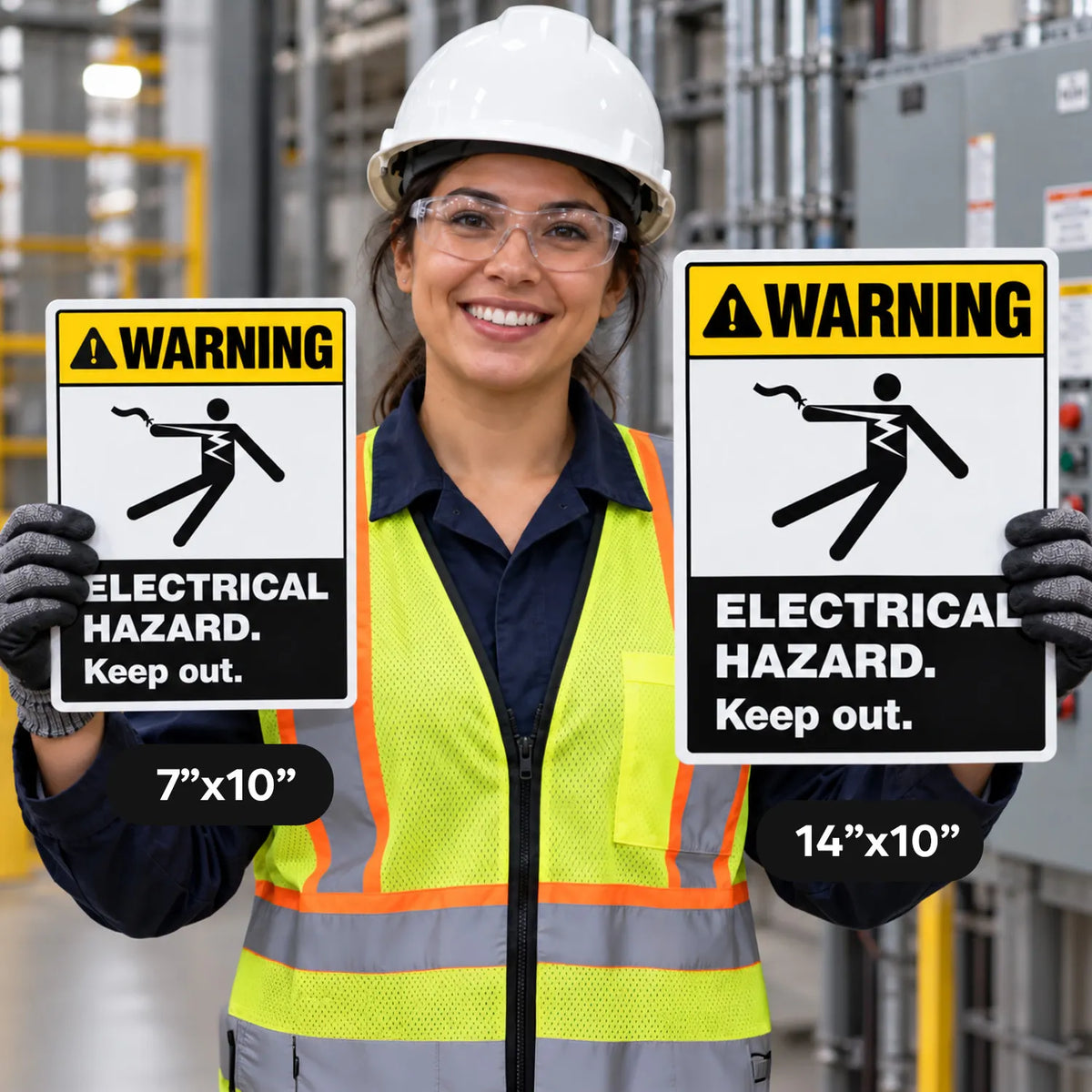 A smiling woman in a white hard hat and high-visibility safety vest holds two electrical hazard warning signs in an industrial setting. One sign is labeled 7"x10" and the other 14"x10".