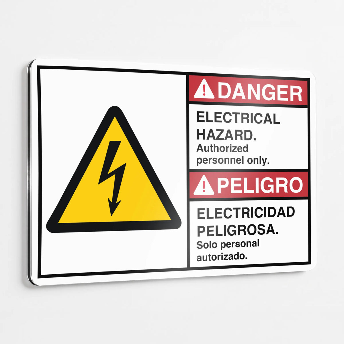 Bilingual ANSI Z535.2-2023 Danger Peligro Electrical Hazard Authorized Personnel Only sign in English and Spanish with ISO 7010 W012 symbol on aluminum
