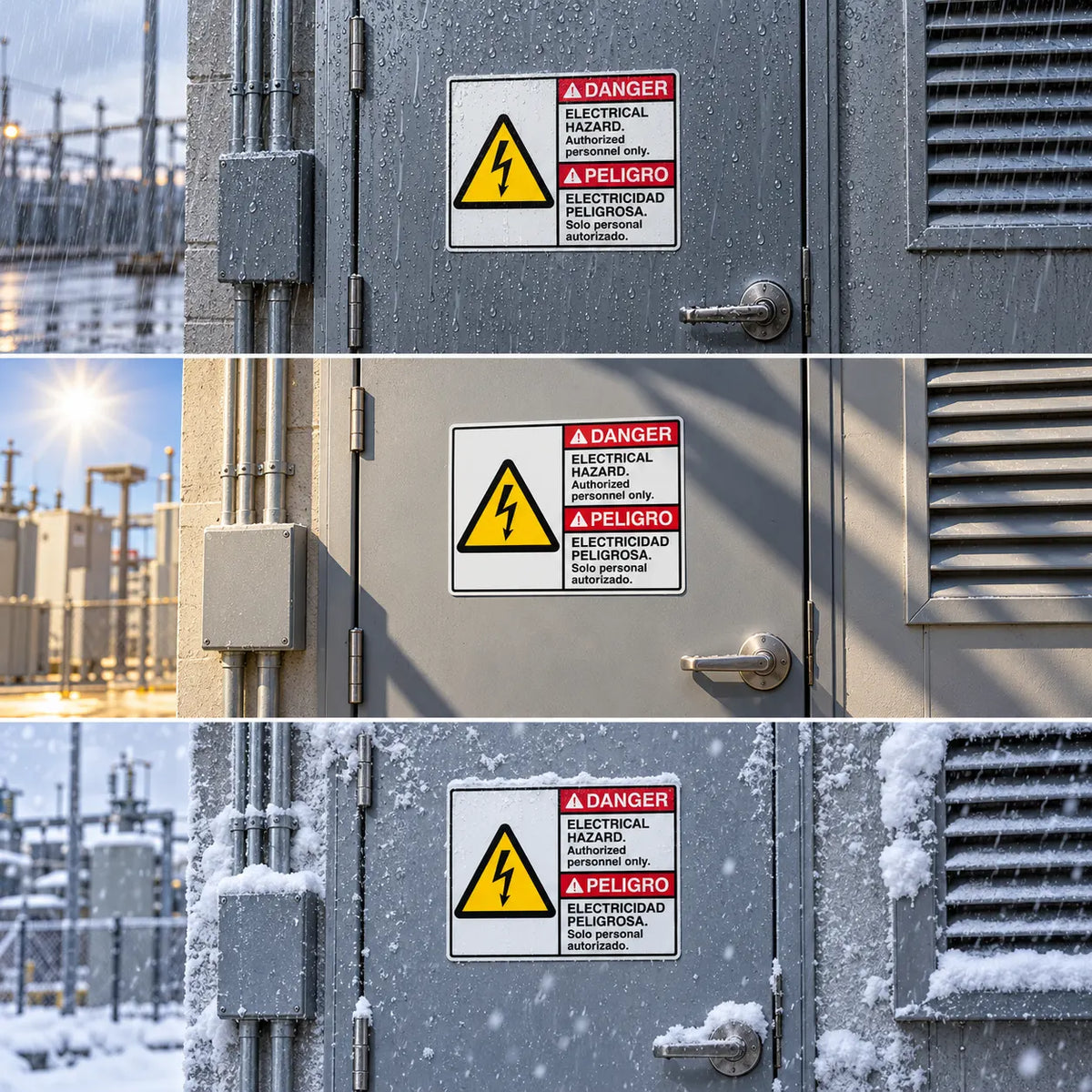 Three stacked close-up views of a gray electrical enclosure door with a prominent Spanish and English electrical hazard warning label. The top view shows a dark industrial background, the middle view has a bright light flare, and the bottom view shows snow on the door and surrounding equipment.