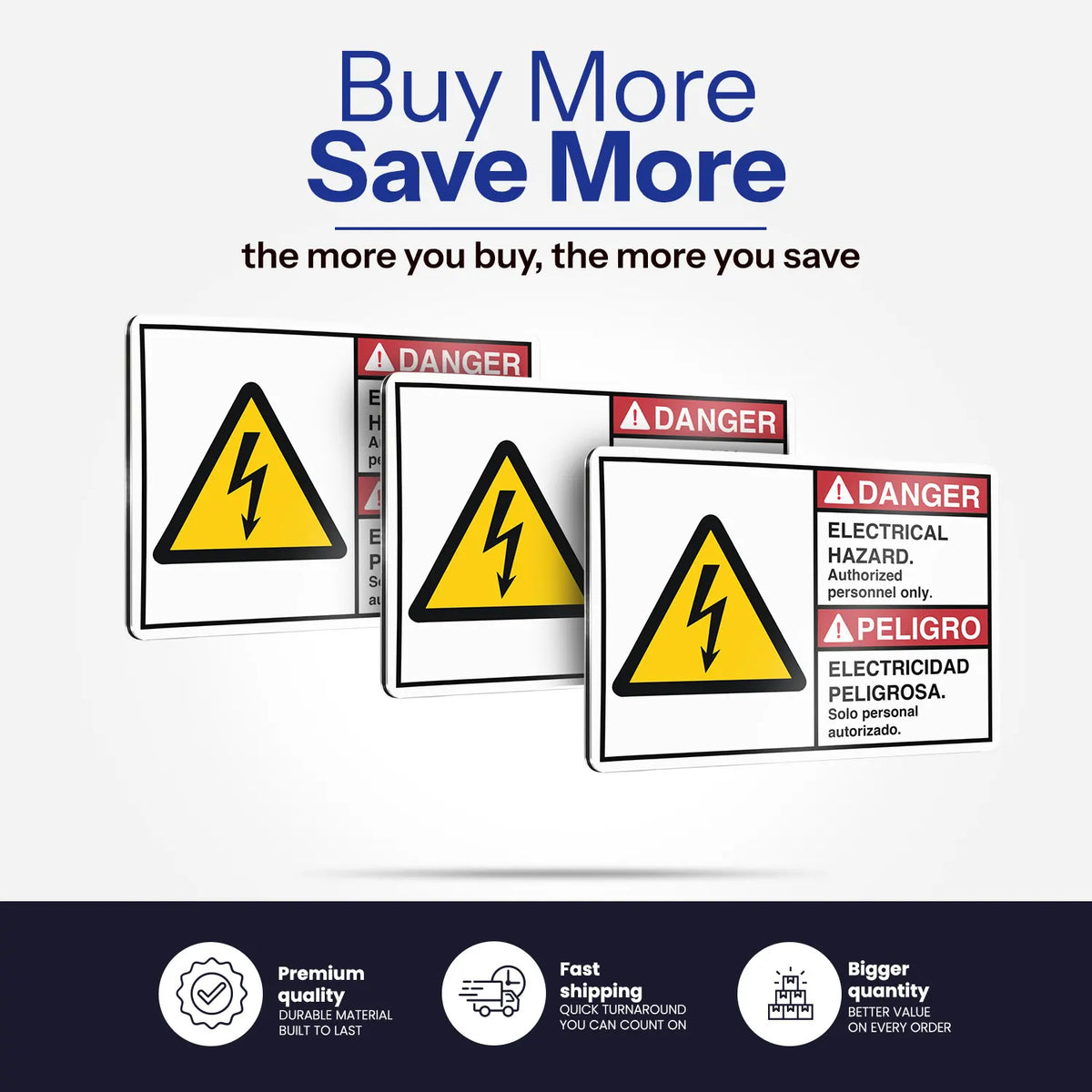 Three electrical hazard warning signs displayed on a light gray background with promotional text at the top and feature icons at the bottom. The signs show yellow lightning bolt symbols and red, white, and black warning labels in English and Spanish.