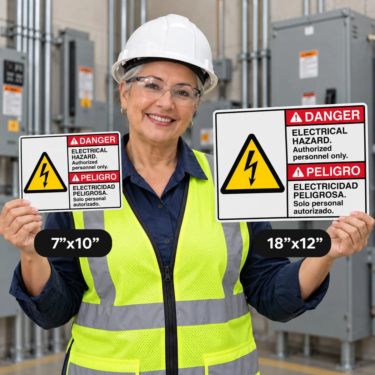 A woman in a white hard hat and high-visibility vest holds two electrical hazard warning signs in an industrial setting. One sign is labeled 7"x10" and the other 18"x12".
