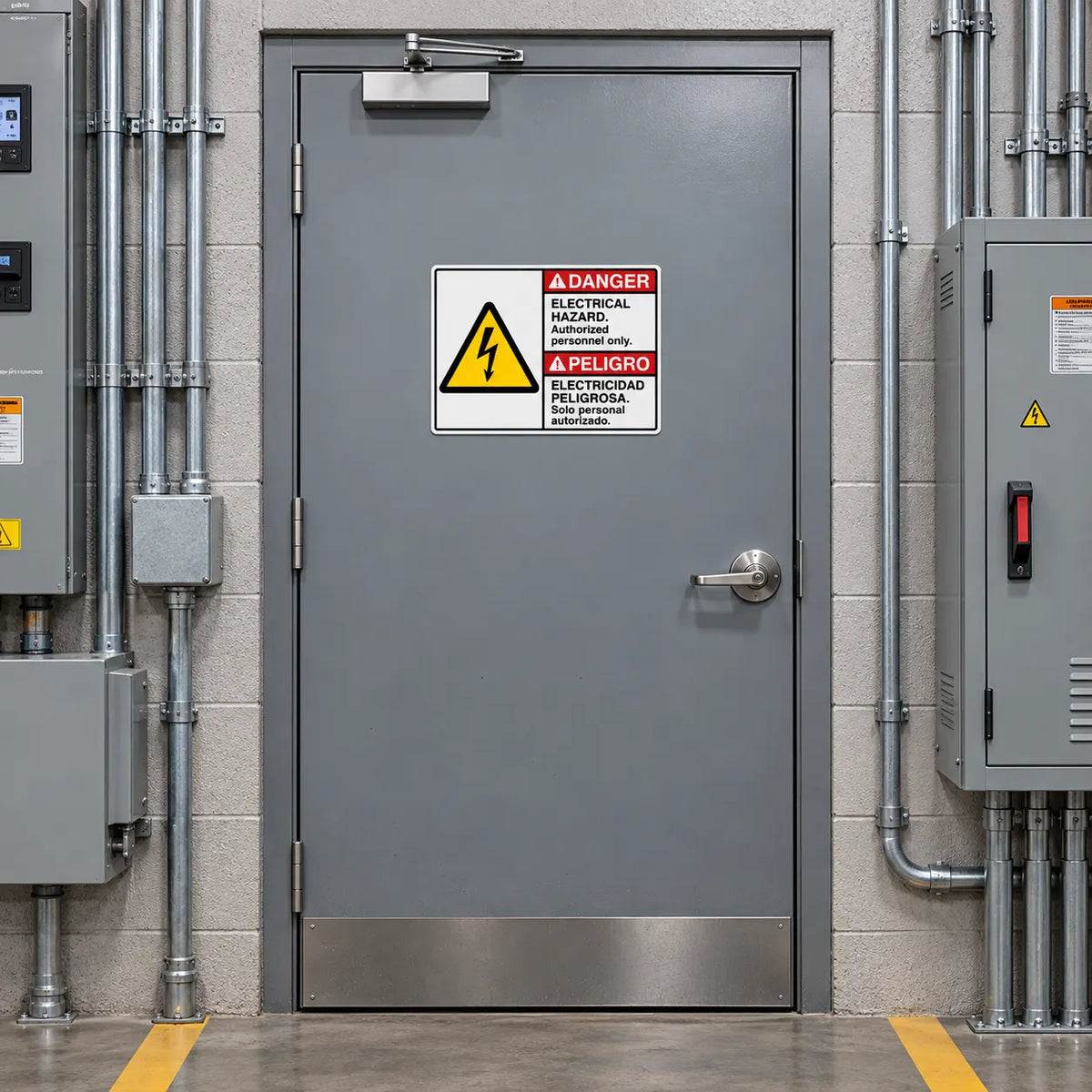 A gray industrial metal door with a silver handle and a prominent yellow and red electrical hazard warning sign, set against a light gray tiled wall with exposed metal conduit and electrical panels.