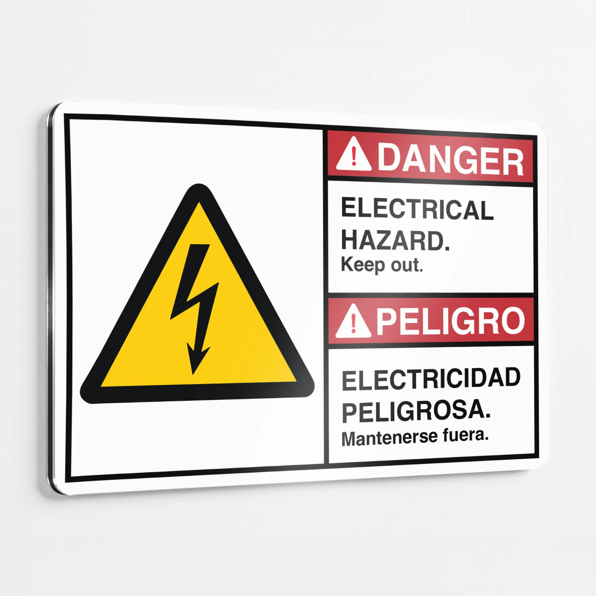 Bilingual ANSI Z535.2-2023 Danger Peligro Electrical Hazard Keep Out sign in English and Spanish with ISO 7010 W012 lightning bolt symbol on aluminum