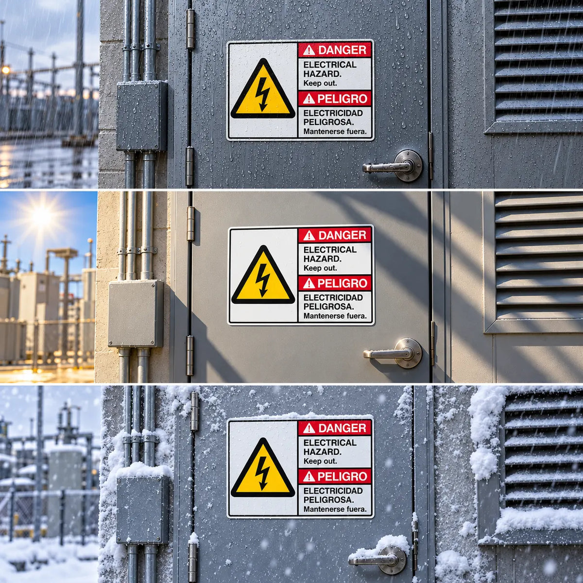 Three stacked photos show a warning sign on the door of a large gray electrical equipment cabinet. The sign has a yellow triangle with a lightning symbol and red and black text reading 'DANGER', 'ELECTRICAL HAZARD', and 'PELIGRO'.
