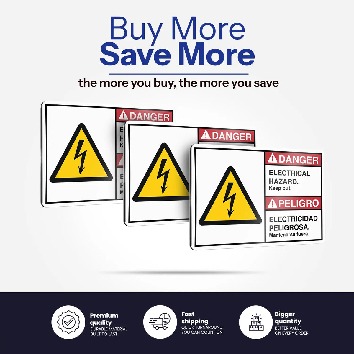 Three electrical hazard warning signs are shown on a light gray background with promotional text above reading 'Buy More Save More.' The signs feature yellow lightning symbols, red danger headers, and black hazard text.