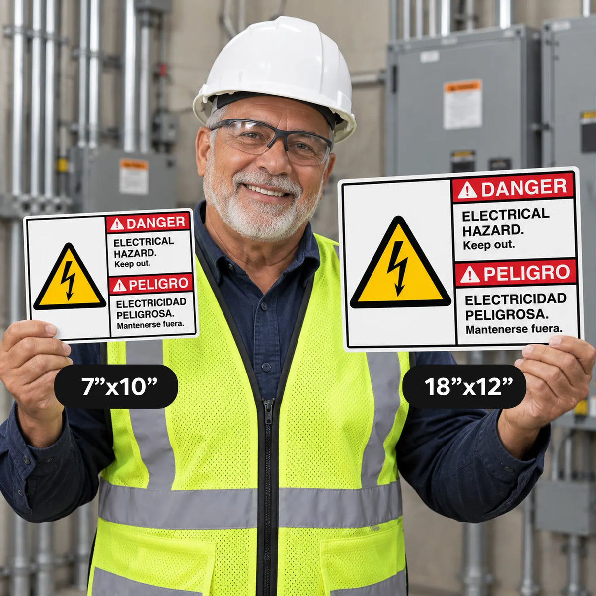 A smiling man in a white hard hat and high-visibility safety vest holds up two electrical hazard warning signs. One small sign is labeled 7"x10" and the larger sign is labeled 18"x12".
