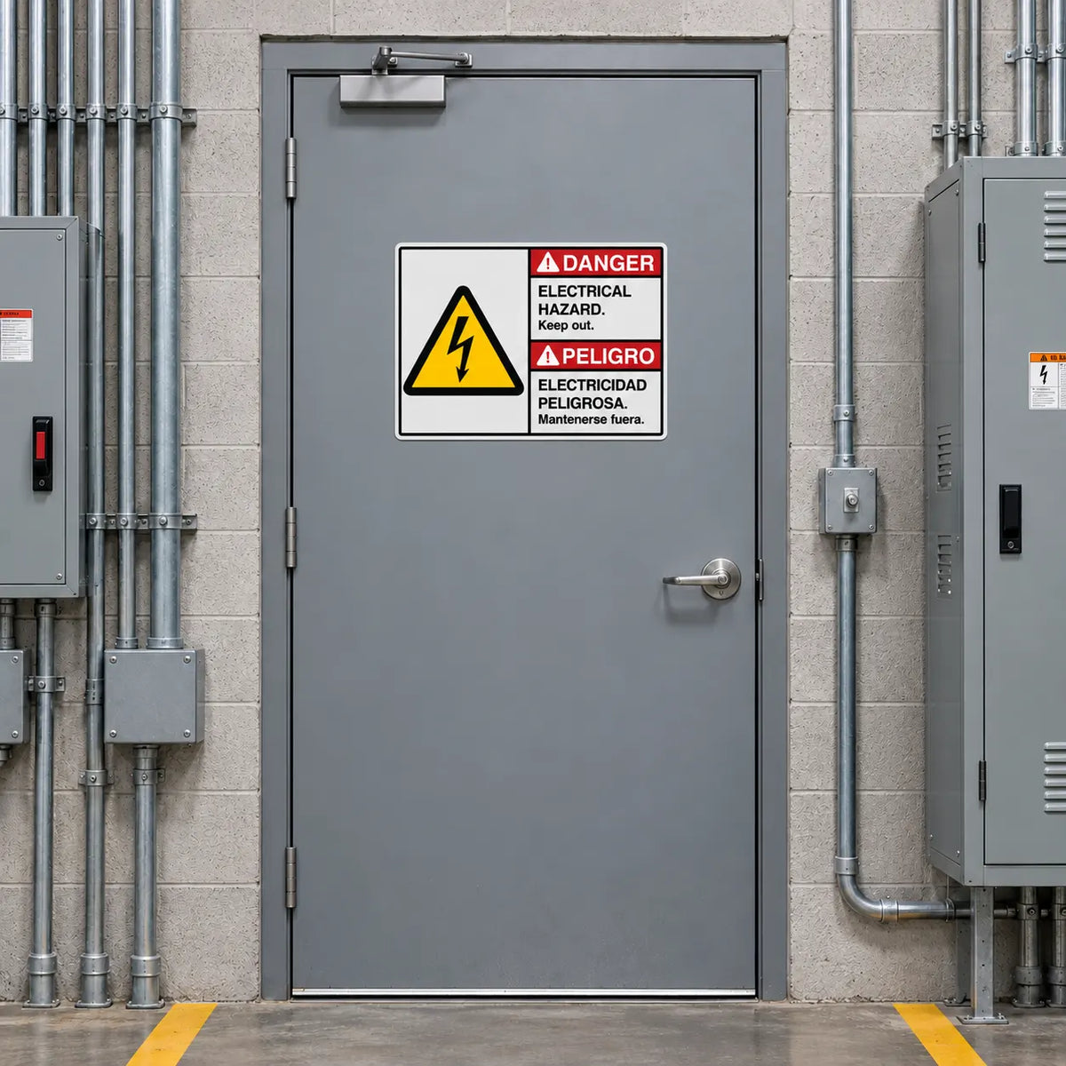 A gray industrial metal door with a prominent electrical hazard warning sign in English and Spanish, set in a concrete utility room with electrical cabinets and conduit pipes.