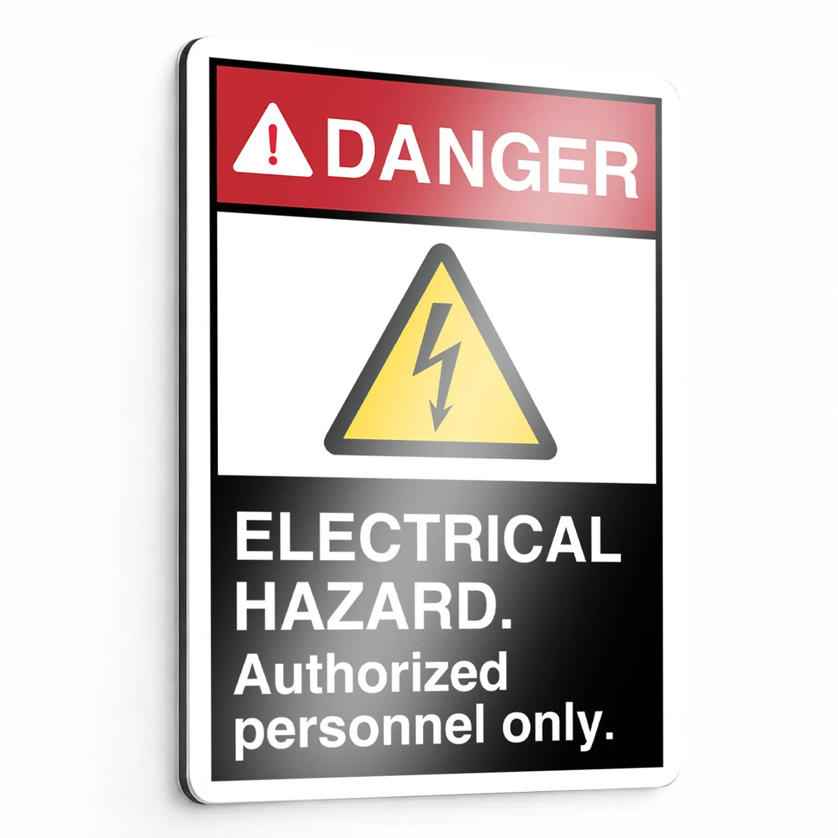 Vertical ANSI Z535.2-2023 Danger Electrical Hazard Authorized Personnel Only sign with ISO 7010 W012 symbol and white on black message panel on aluminum