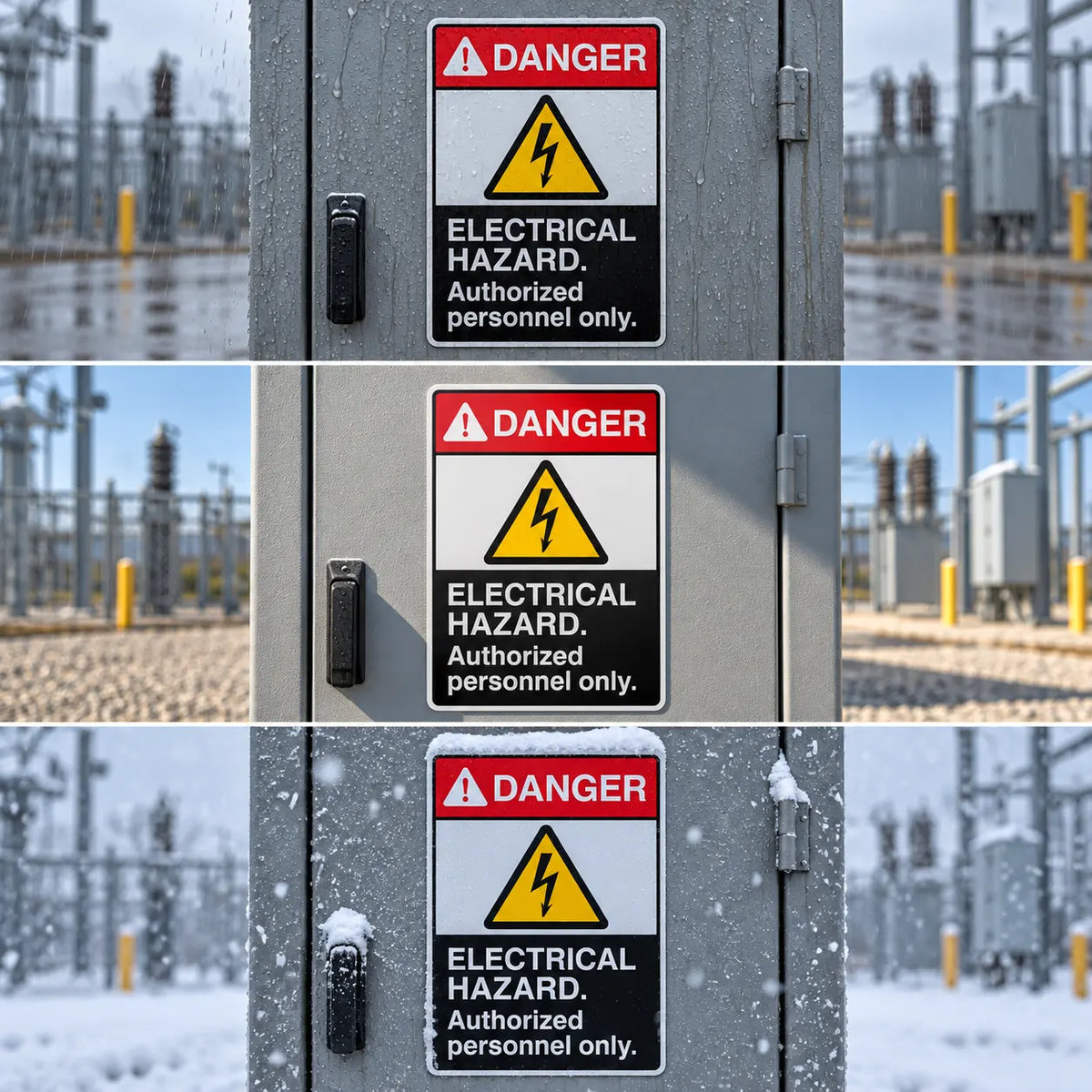 Three stacked close-up views of a metal electrical cabinet door with a prominent DANGER warning sign reading 'ELECTRICAL HAZARD. Authorized personnel only.