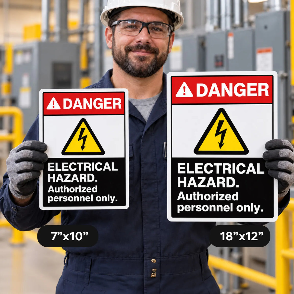 A man in a white hard hat and dark blue work jacket holds two electrical hazard warning signs in a factory setting. One sign is 7"x10" and the other is 18"x12".