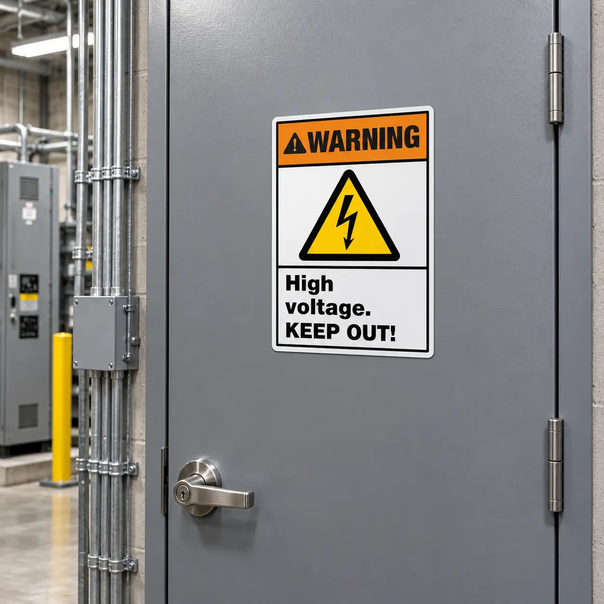 Warning — High Voltage Inside Do Not Open Sign (Vertical) | ISO 7010 W012 | ANSI Z535.2-2023 | Aluminum