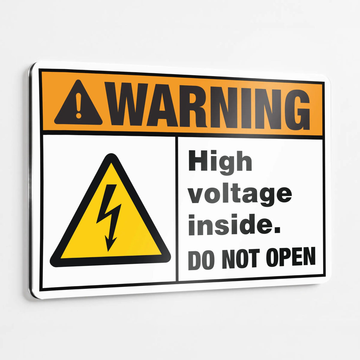 Warning — High Voltage Inside Do Not Open Sign (Horizontal) | ISO 7010 W012 | ANSI Z535.2-2023 | Aluminum