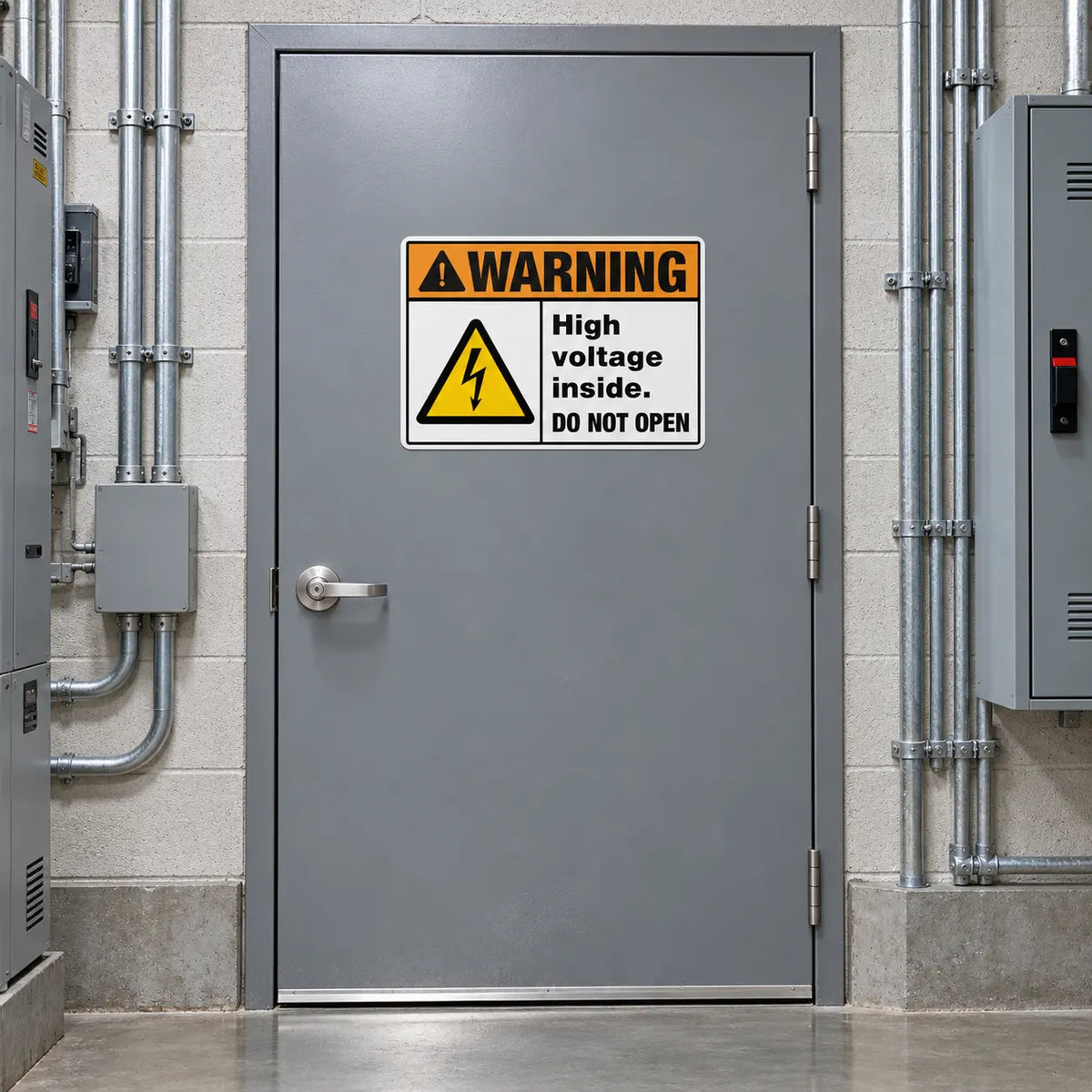 Warning — High Voltage Inside Do Not Open Sign (Horizontal) | ISO 7010 W012 | ANSI Z535.2-2023 | Aluminum