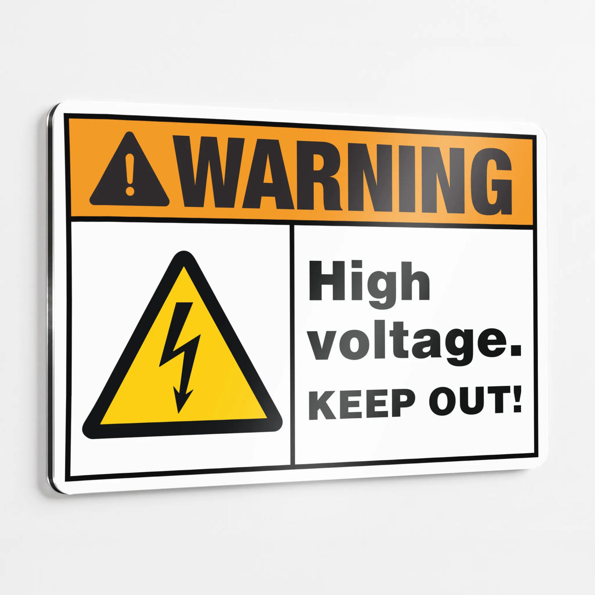 Warning — High Voltage Keep Out Sign | ISO 7010 W012 | ANSI Z535.2-2023 | Aluminum