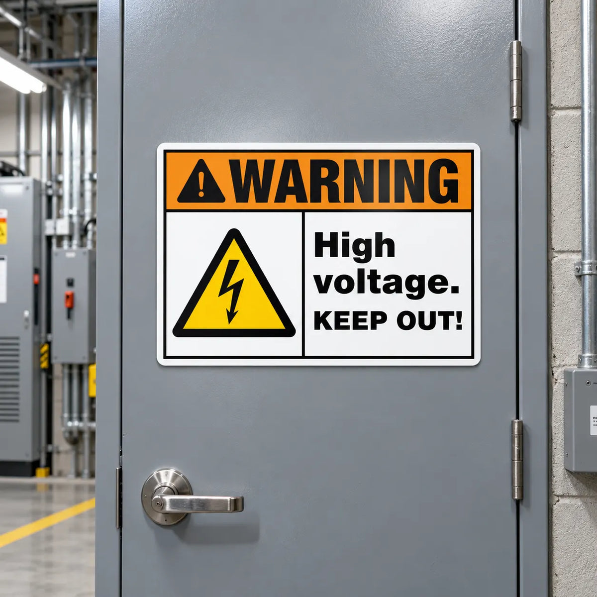 Warning — High Voltage Keep Out Sign | ISO 7010 W012 | ANSI Z535.2-2023 | Aluminum