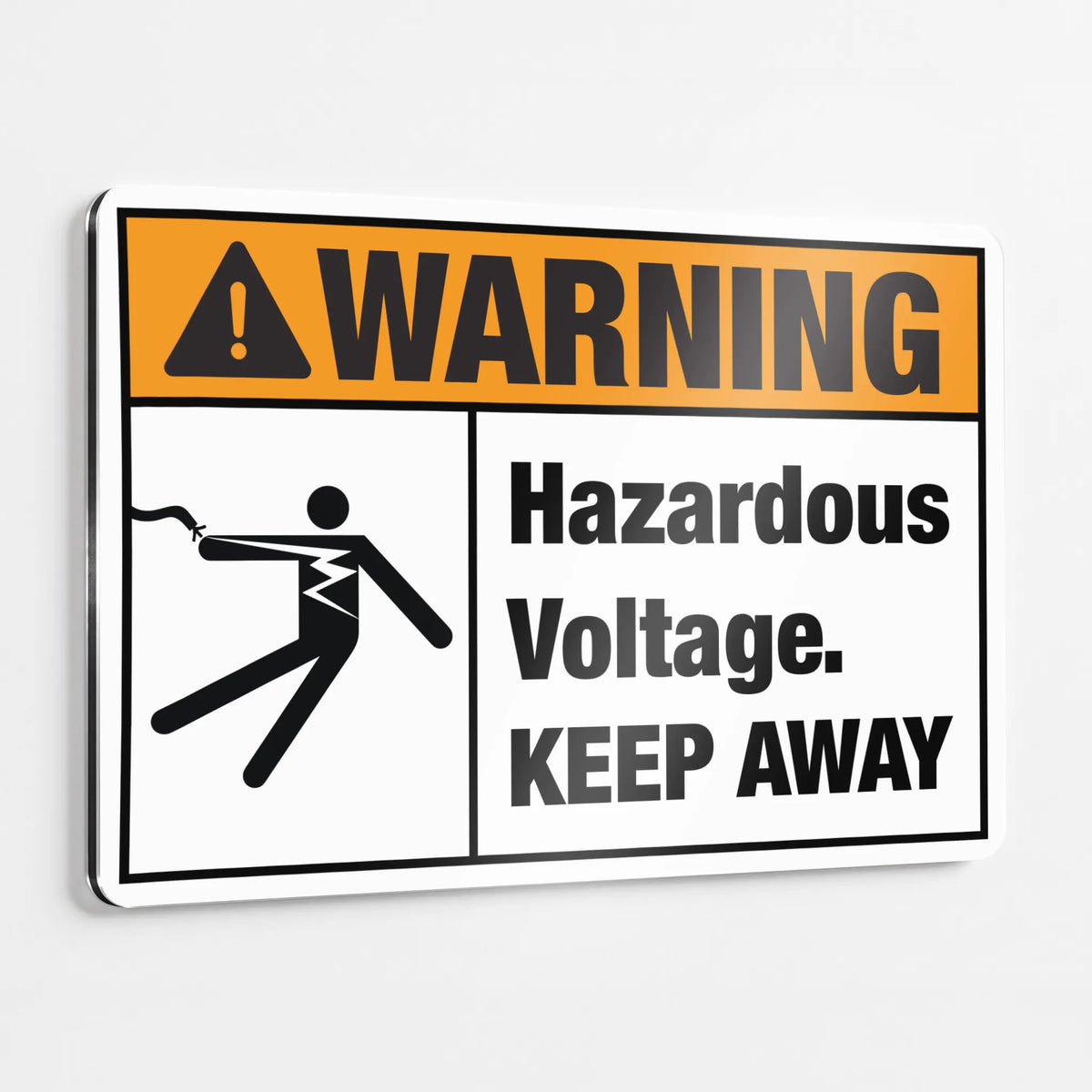 Warning — Hazardous Voltage Keep Away Sign | Electric Shock Symbol | ANSI Z535.2-2023 | Aluminum