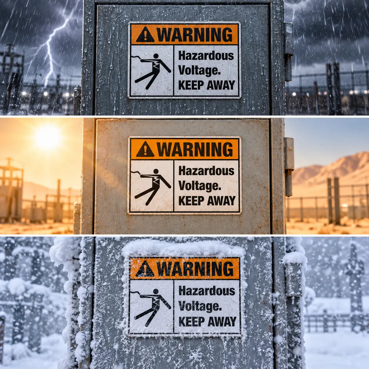 Warning — Hazardous Voltage Keep Away Sign | Electric Shock Symbol | ANSI Z535.2-2023 | Aluminum