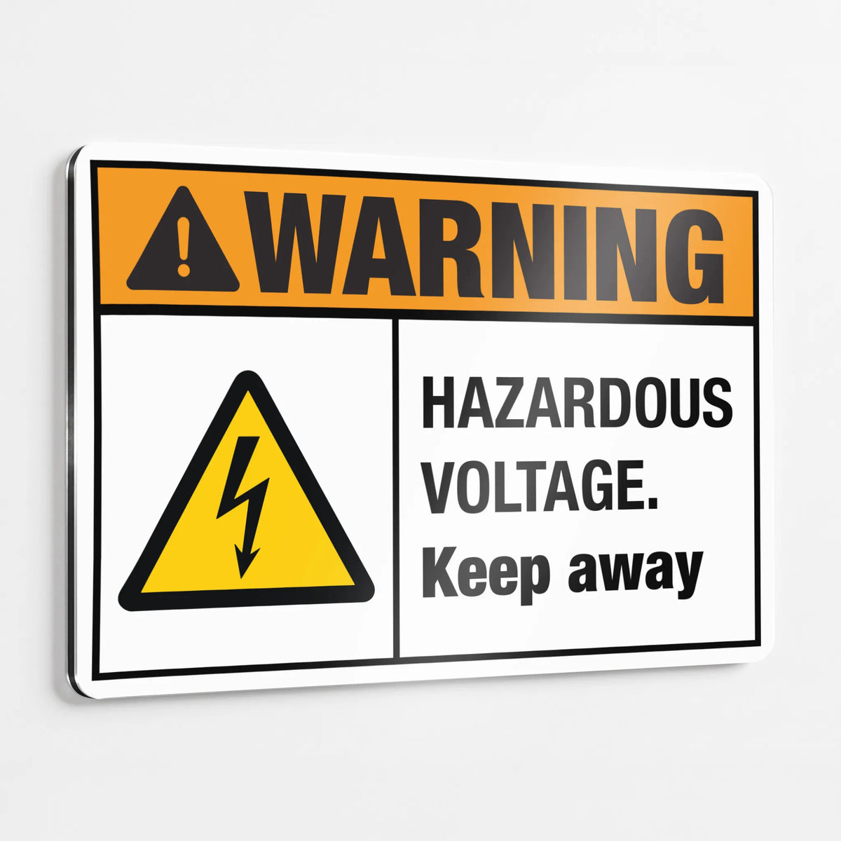 ANSI Z535.2-2023 Warning Hazardous Voltage Keep Away sign with ISO 7010 W012 electrical hazard symbol on aluminum