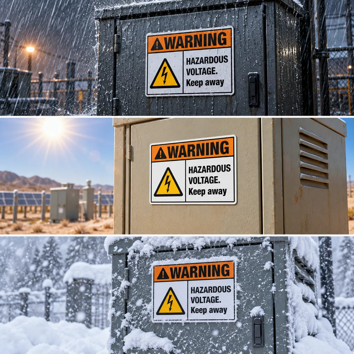 Hazardous Voltage Keep Away sign shown outdoors in rain, sun, and snow, built for year-round weather