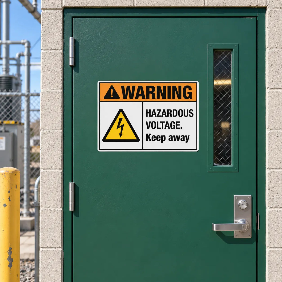 Hazardous voltage keep away warning sign mounted on a green electrical room door