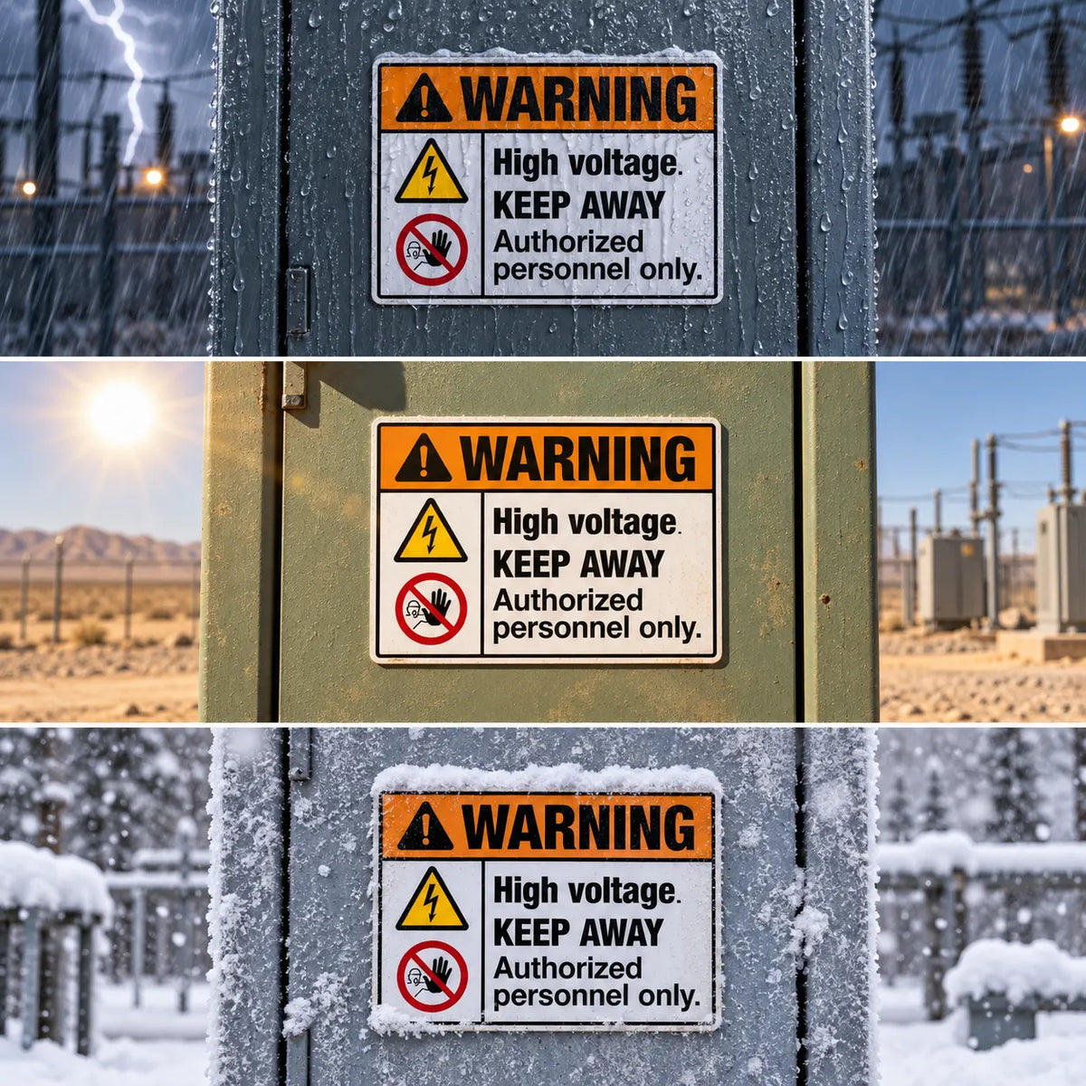High Voltage Keep Away Authorized Personnel Only sign shown outdoors in rain, sun, and snow, built for year-round weather