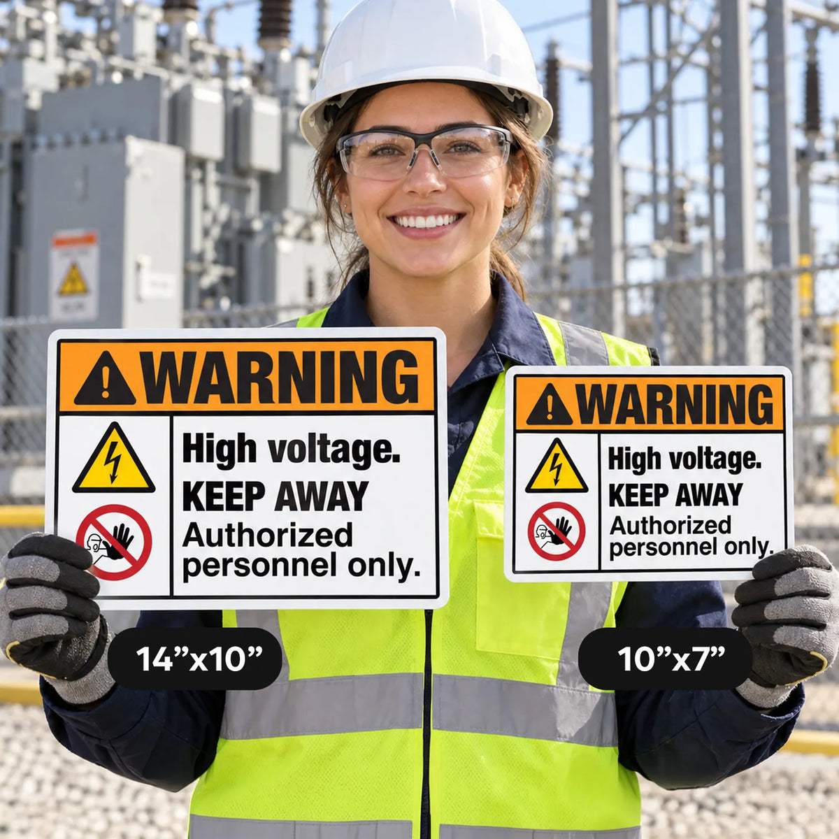 Worker in a hard hat and safety vest holding High Voltage Keep Away Authorized Personnel Only signs in 14×10 and 10×7 sizes