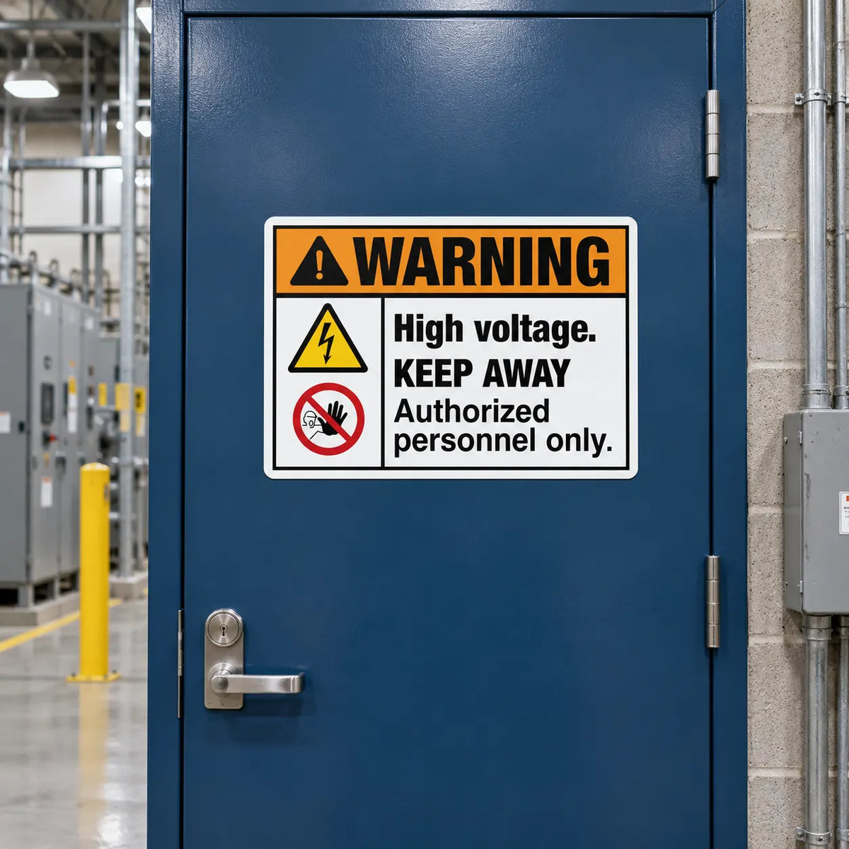 High voltage keep away authorized personnel only sign mounted on a blue electrical room door