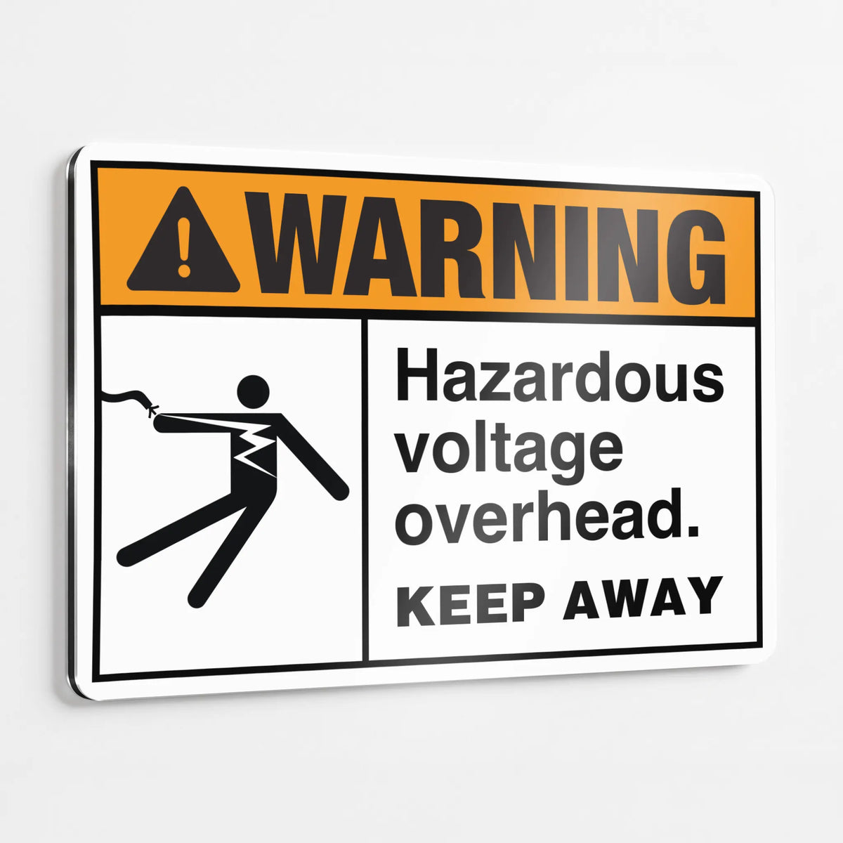 ANSI Z535.2-2023 Warning Hazardous Voltage Overhead Keep Away sign with electric shock symbol on aluminum