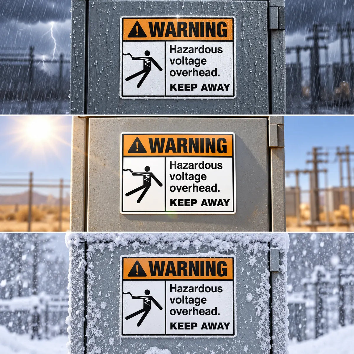 Hazardous Voltage Overhead Keep Away sign shown outdoors in rain, sun, and snow, built for year-round weather