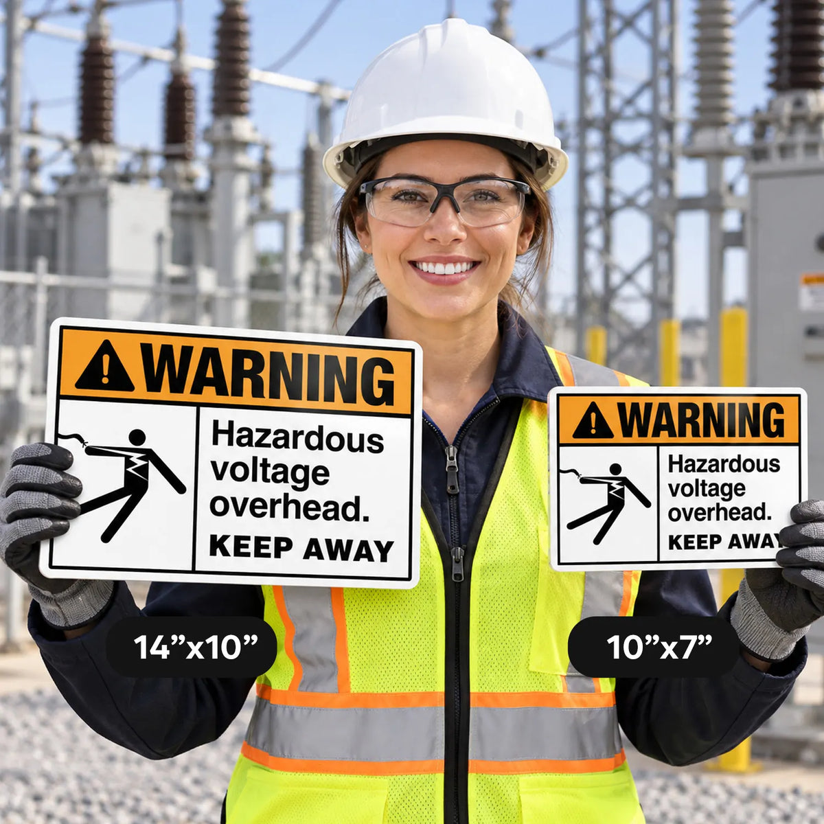 Worker in a hard hat and safety vest holding Hazardous Voltage Overhead Keep Away signs in 14×10 and 10×7 sizes