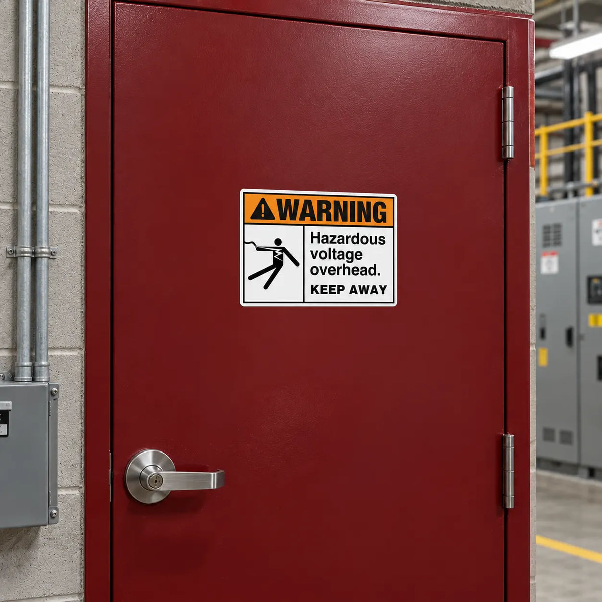 Hazardous voltage overhead warning sign mounted on a red door in an industrial facility