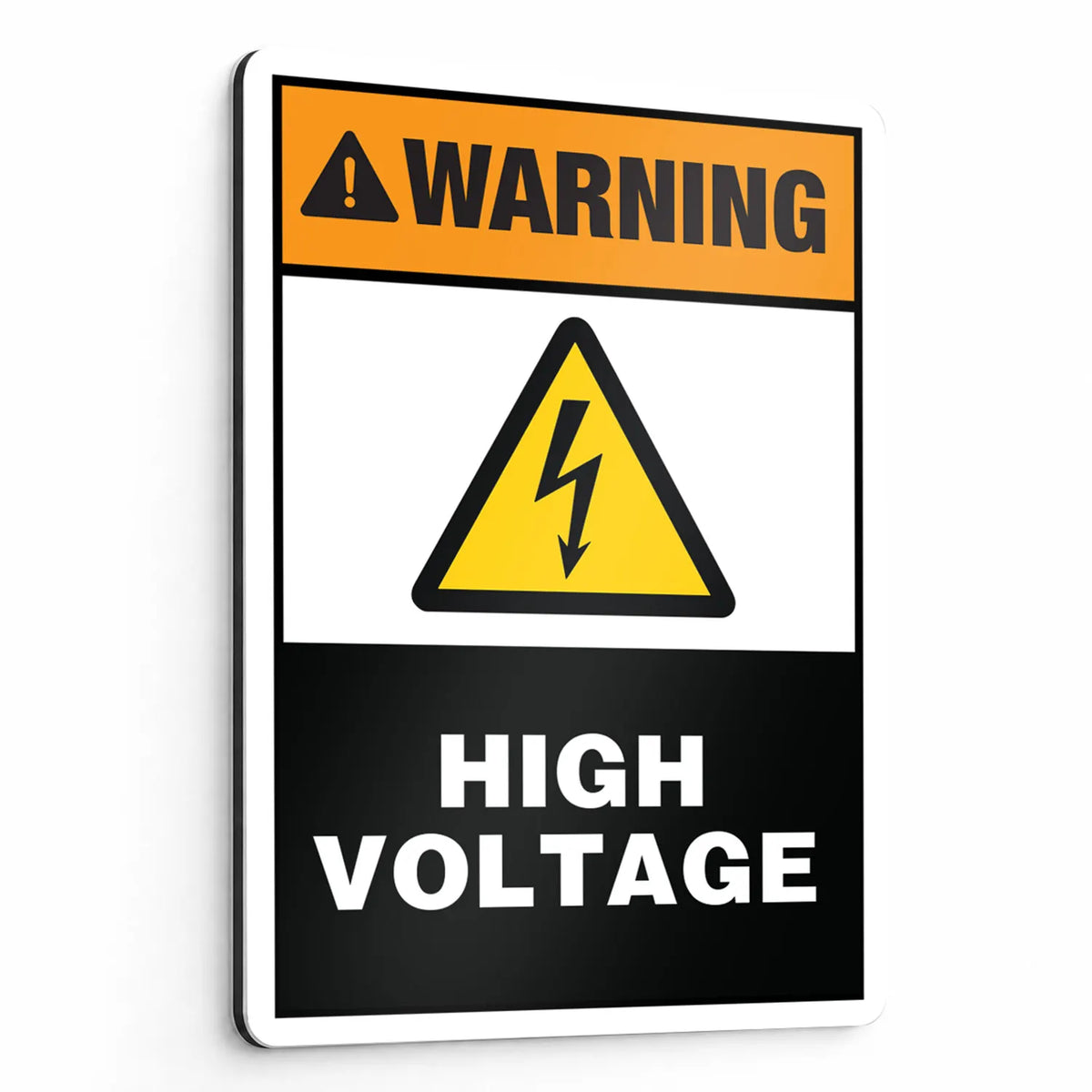 Vertical ANSI Z535.2-2023 Warning High Voltage sign with ISO 7010 W012 symbol and white on black message panel on aluminum