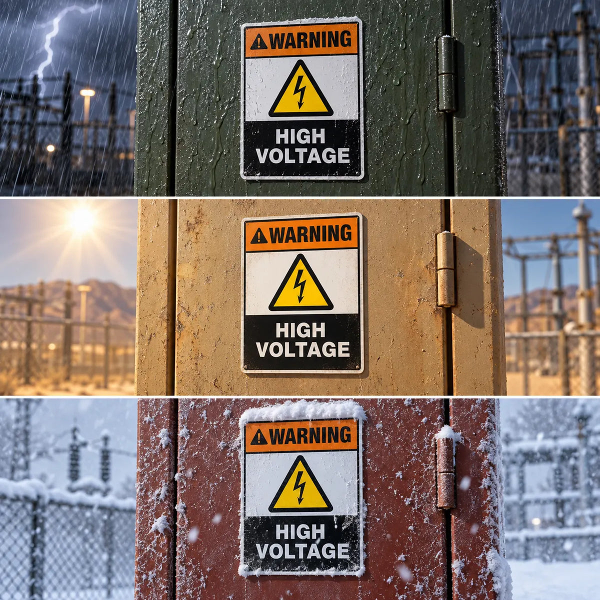 High Voltage sign shown outdoors in rain, sun, and snow, built for year-round weather