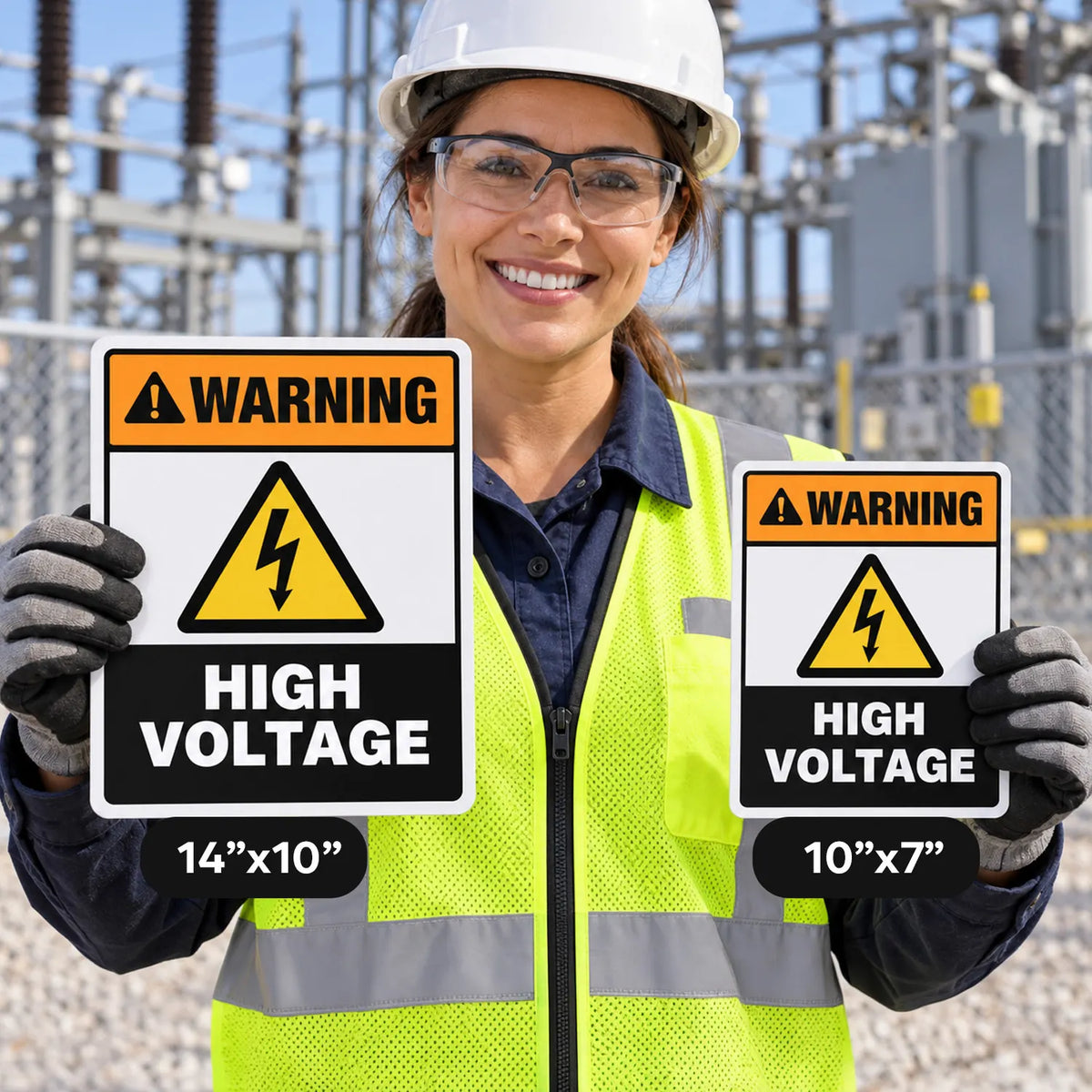 Worker in a hard hat and safety vest holding High Voltage signs in 14×10 and 10×7 sizes