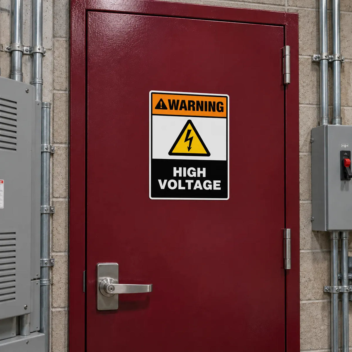 Warning high voltage sign mounted on a red electrical room door