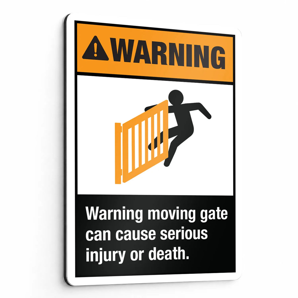 ANSI Z535.2-2023 Warning sign reading Moving gate can cause serious injury or death, with a swing gate striking a person symbol, on aluminum