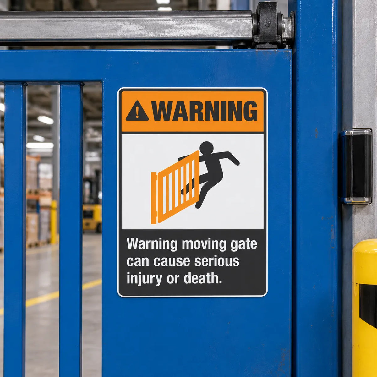 Moving gate warning sign mounted on a blue industrial gate frame