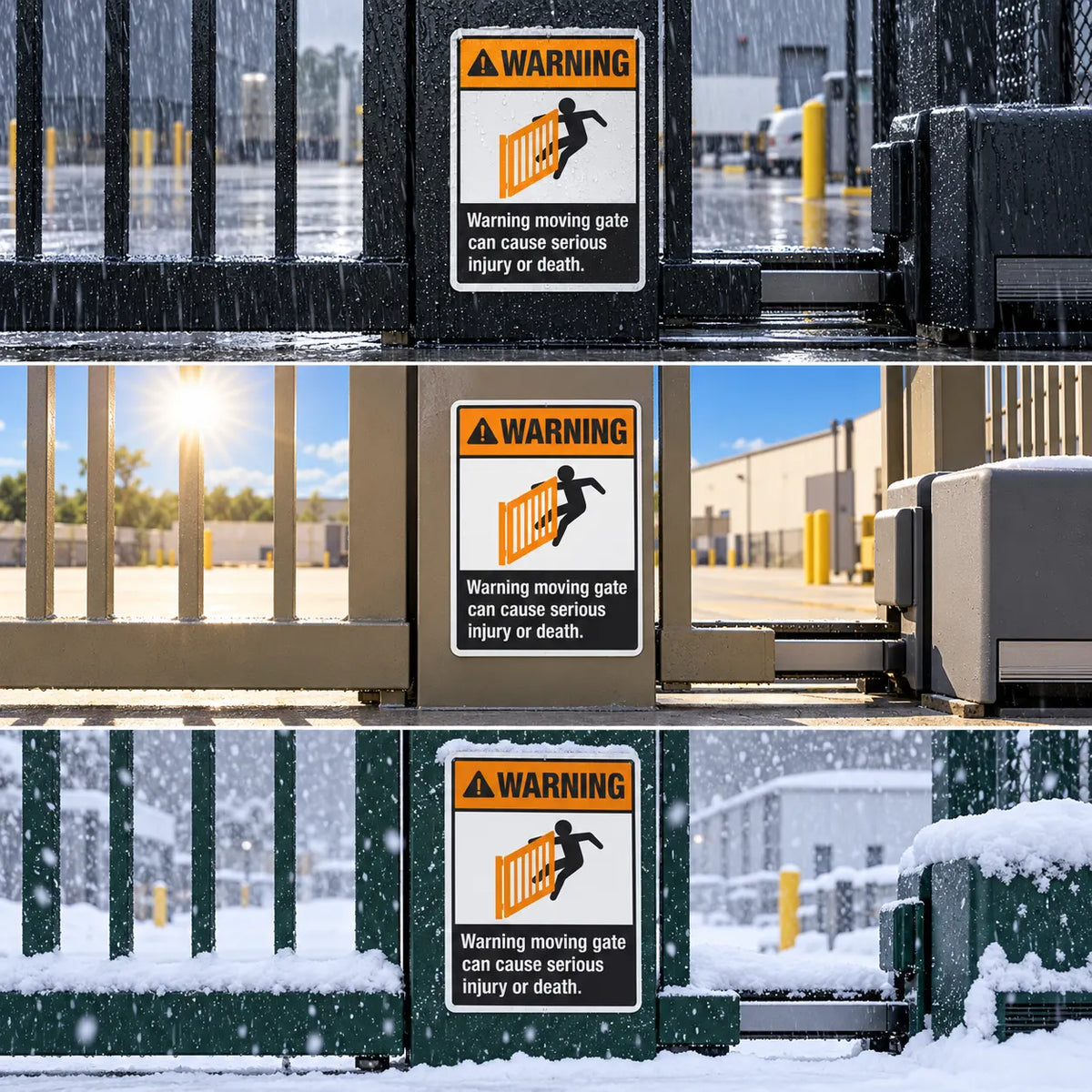 Moving Gate Can Cause Serious Injury or Death sign shown outdoors in rain, sun, and snow, built for year-round weather