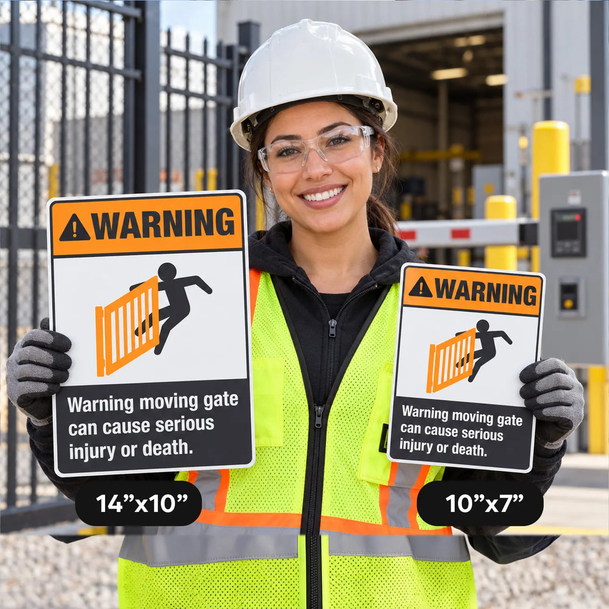 Worker in a hard hat and safety vest holding Moving Gate Can Cause Serious Injury or Death signs in 14×10 and 10×7 sizes