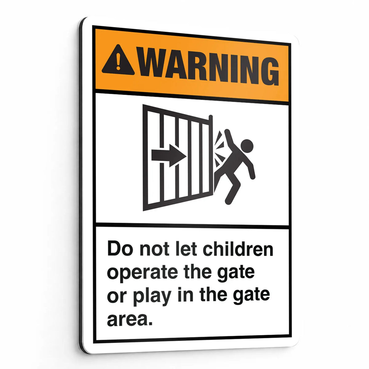 ANSI Z535.2-2023 Warning sign reading Do not let children operate the gate or play in the gate area, with a sliding gate crush symbol, on aluminum