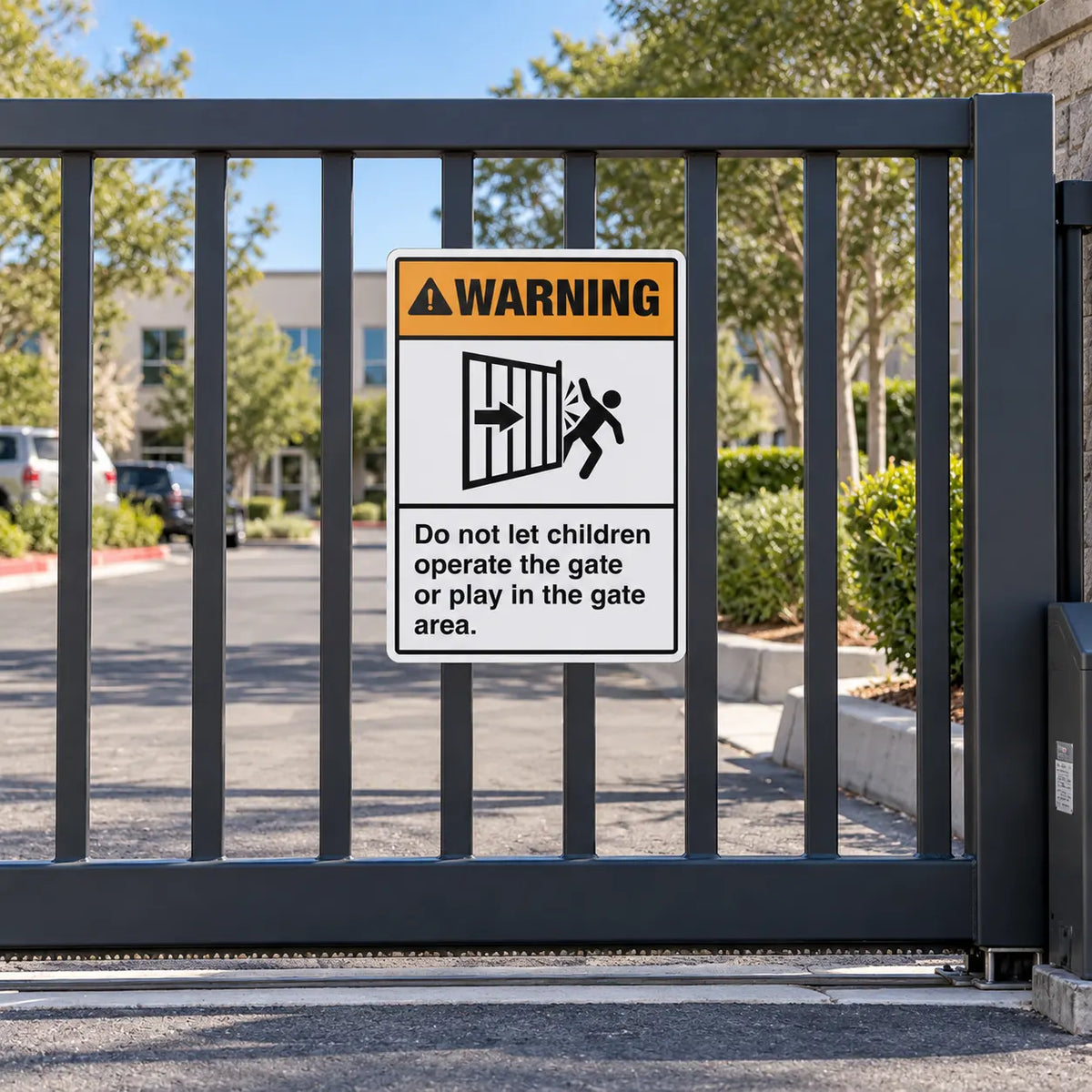Do not let children operate the gate warning sign mounted on a black sliding driveway gate