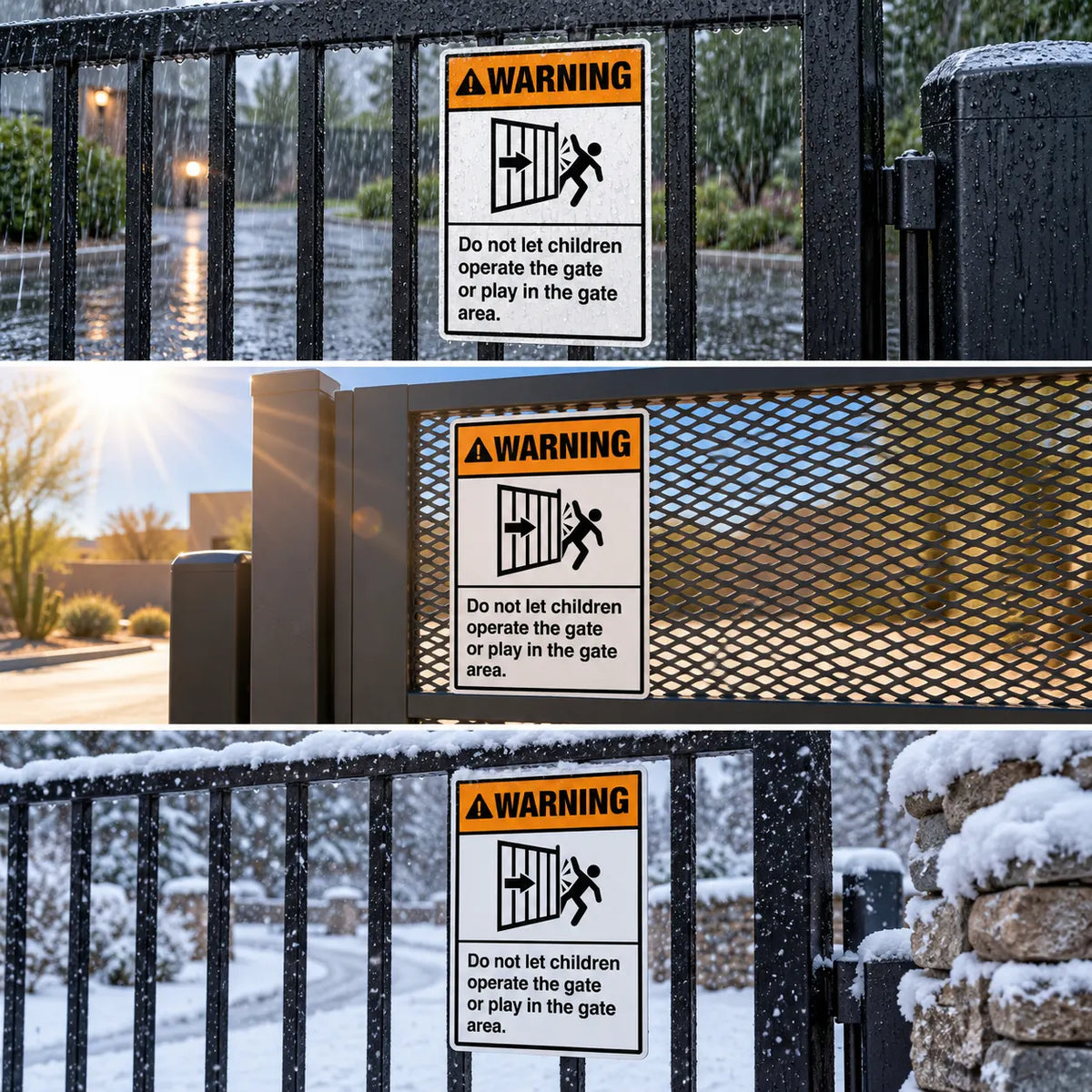 Do Not Let Children Operate the Gate sign shown outdoors in rain, sun, and snow, built for year-round weather