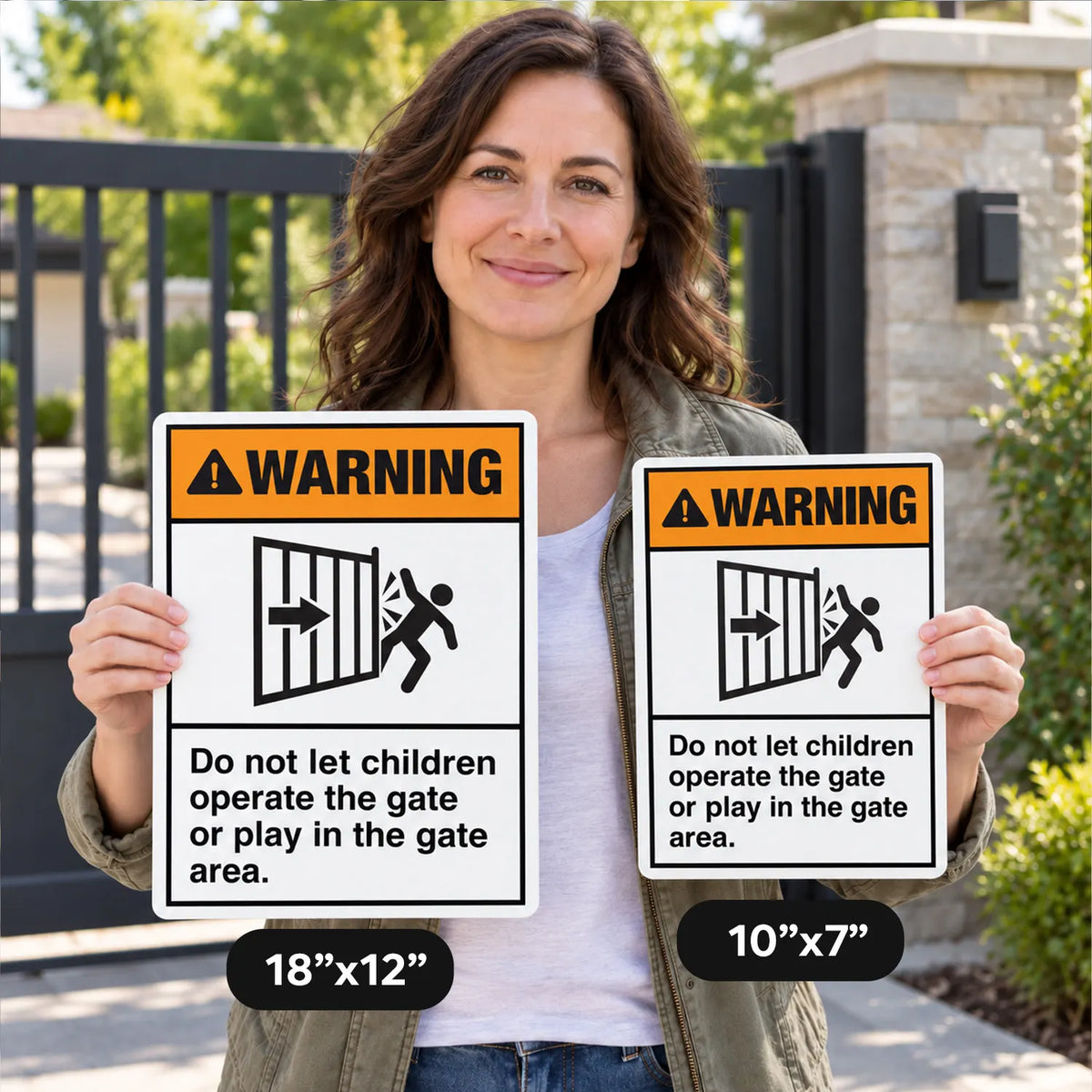 Woman holding Do Not Let Children Operate the Gate signs in 18×12 and 10×7 sizes 