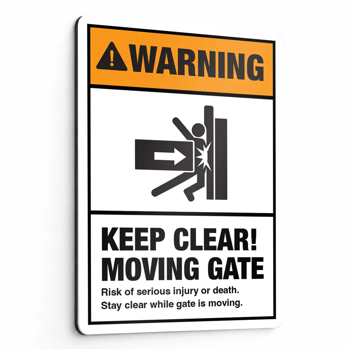 ANSI Z535.2-2023 Warning Keep Clear Moving Gate sign with a sliding gate crush symbol, on aluminum