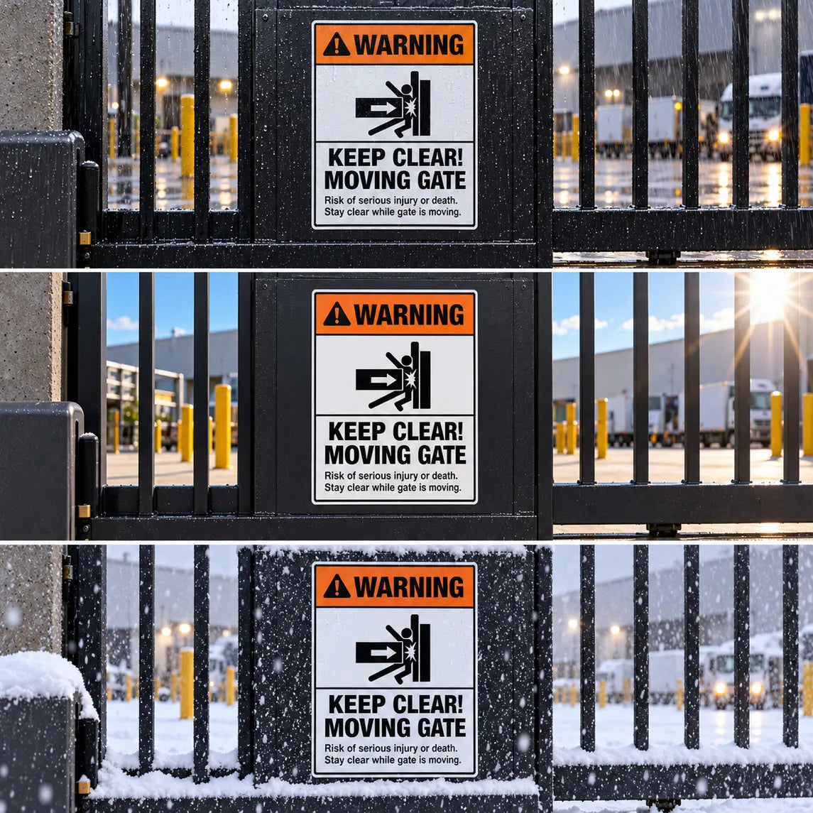 Keep Clear Moving Gate sign shown outdoors in rain, sun, and snow, built for year-round weather