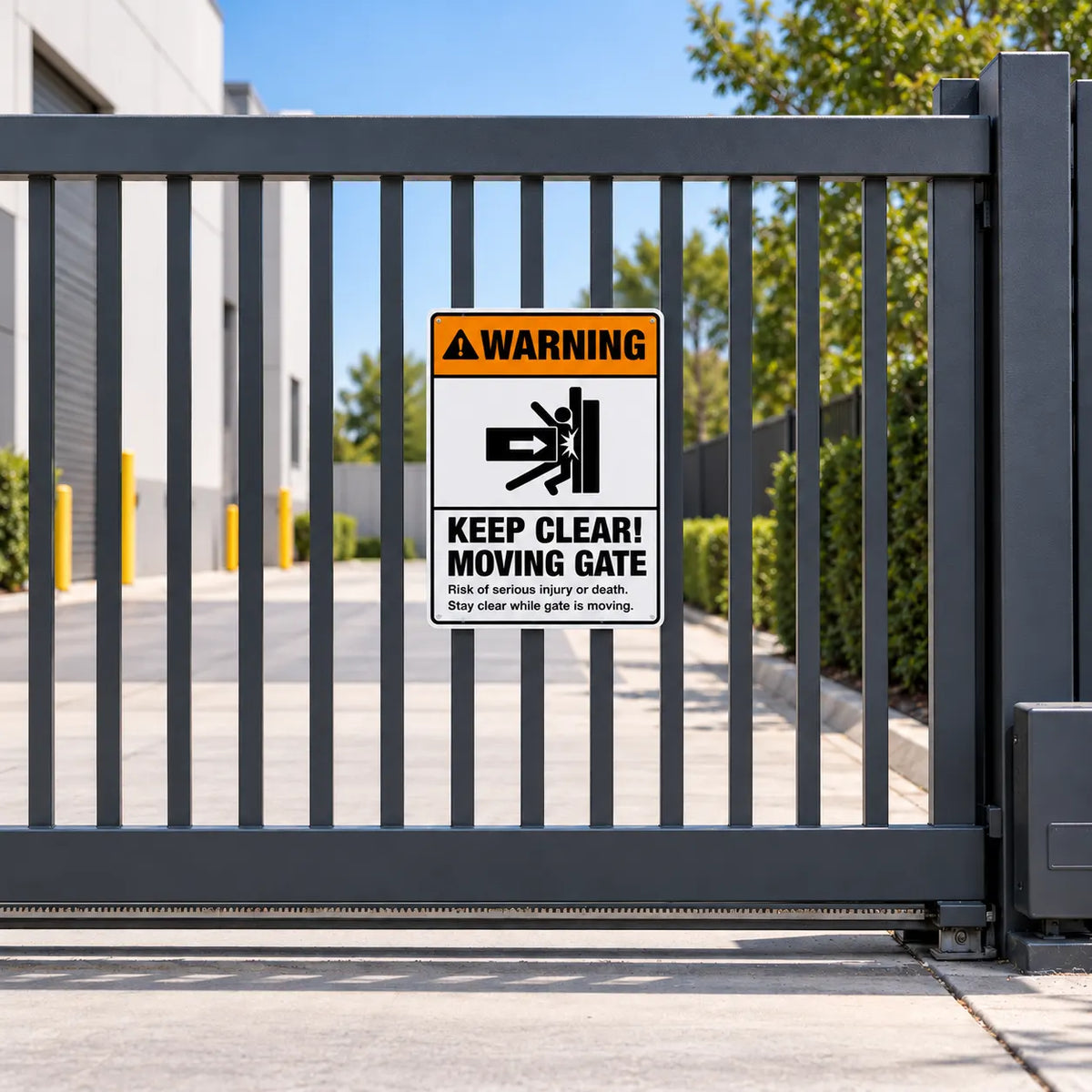 Keep clear moving gate warning sign mounted on a dark sliding commercial gate