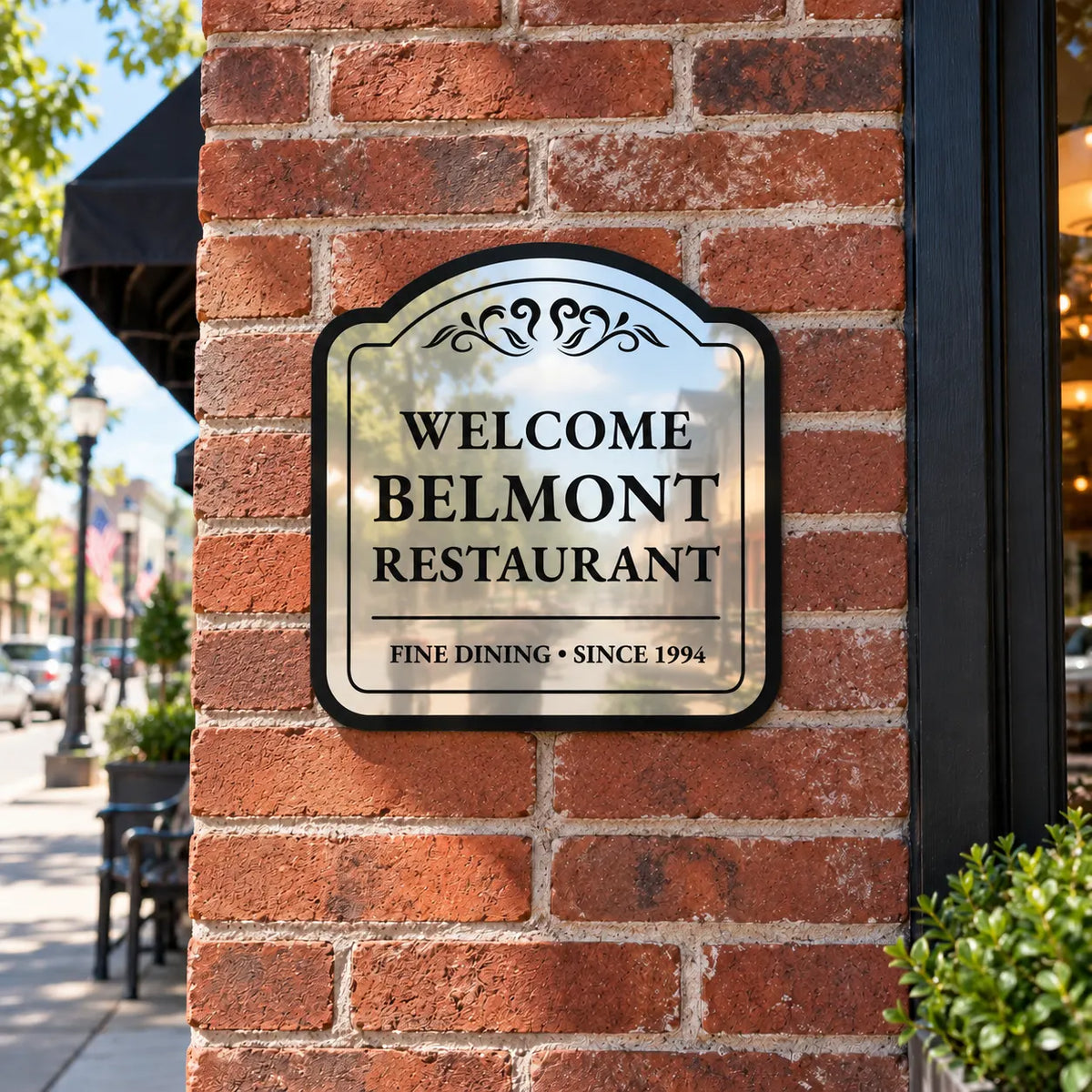 Custom arched mirror finish aluminum restaurant sign mounted on a red brick pillar