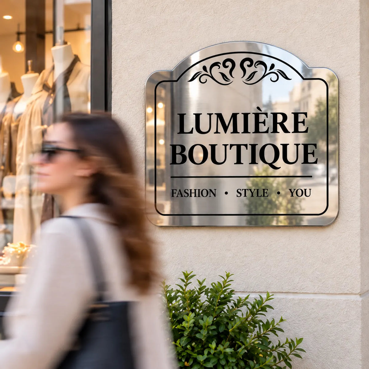 Custom arched crest mirror finish aluminum sign reading Lumière Boutique mounted on a boutique storefront wall