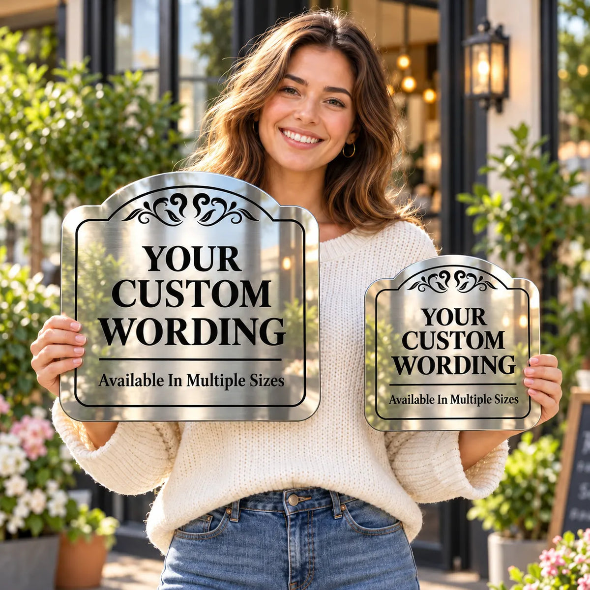 Woman holding two sizes of custom arched mirror finish aluminum signs